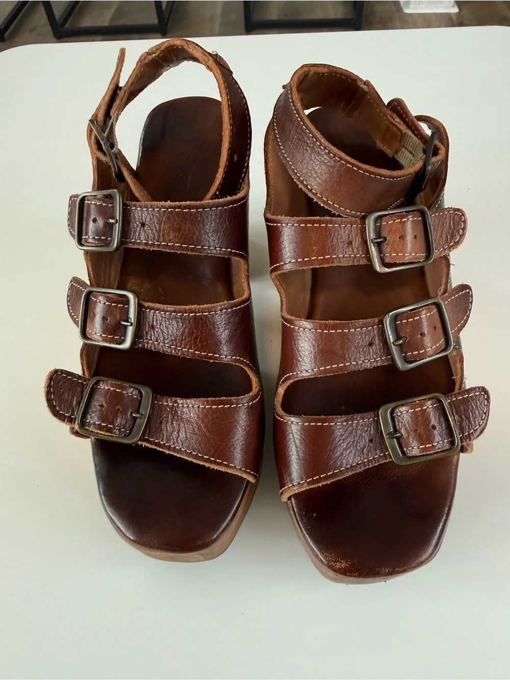 Bed Stu Brown Leather Platform Buckle Sandals